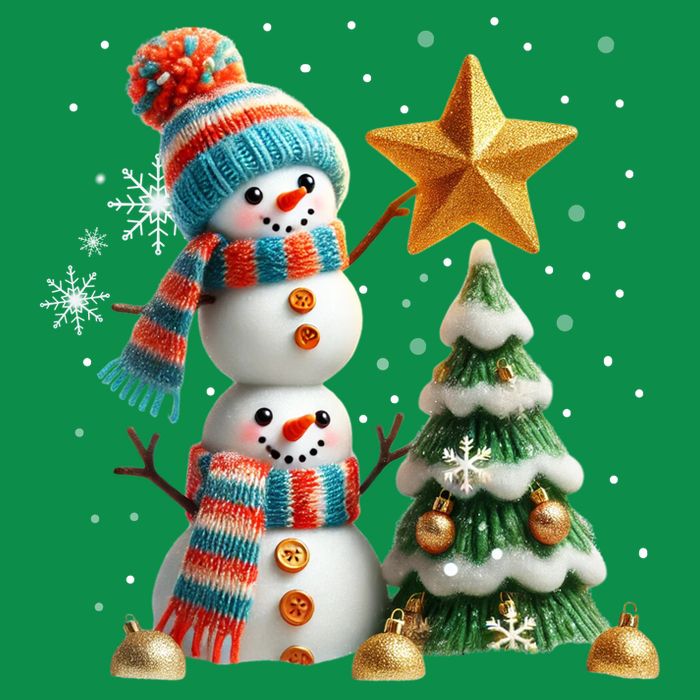 Funny Snowmen Putting Up Christmas Tree Button