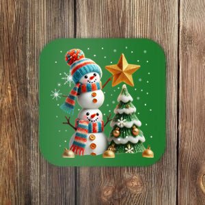 Funny Snowmen Putting Up Christmas Tree Coaster