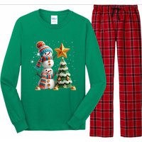 Funny Snowmen Putting Up Christmas Tree Long Sleeve Pajama Set