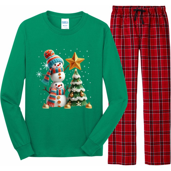 Funny Snowmen Putting Up Christmas Tree Long Sleeve Pajama Set