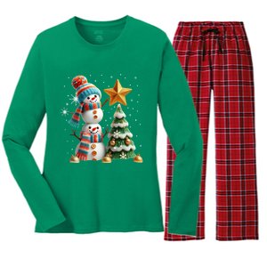 Funny Snowmen Putting Up Christmas Tree Women's Long Sleeve Flannel Pajama Set 