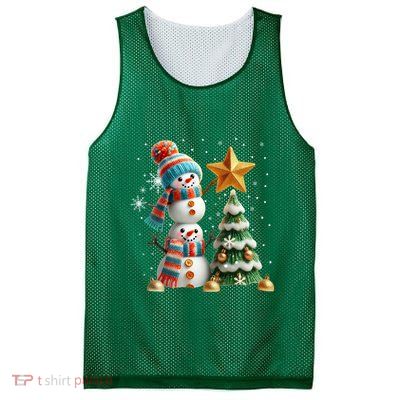 Funny Snowmen Putting Up Christmas Tree Mesh Reversible Basketball Jersey Tank