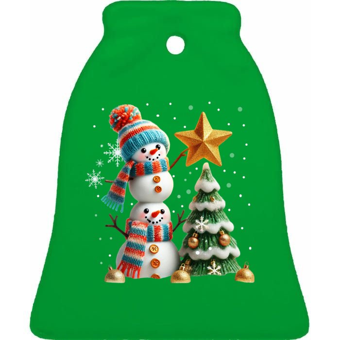 Funny Snowmen Putting Up Christmas Tree Ceramic Bell Ornament