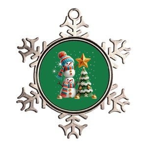 Funny Snowmen Putting Up Christmas Tree Metallic Star Ornament