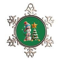 Funny Snowmen Putting Up Christmas Tree Metallic Star Ornament