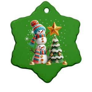 Funny Snowmen Putting Up Christmas Tree Ceramic Star Ornament