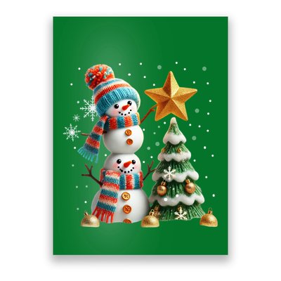 Funny Snowmen Putting Up Christmas Tree Poster