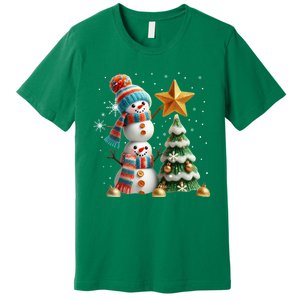 Funny Snowmen Putting Up Christmas Tree Premium T-Shirt