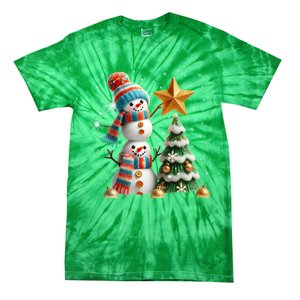 Funny Snowmen Putting Up Christmas Tree Tie-Dye T-Shirt