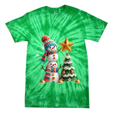 Funny Snowmen Putting Up Christmas Tree Tie-Dye T-Shirt
