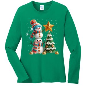 Funny Snowmen Putting Up Christmas Tree Ladies Long Sleeve Shirt