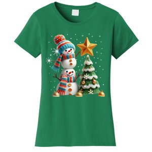 Funny Snowmen Putting Up Christmas Tree Women's T-Shirt