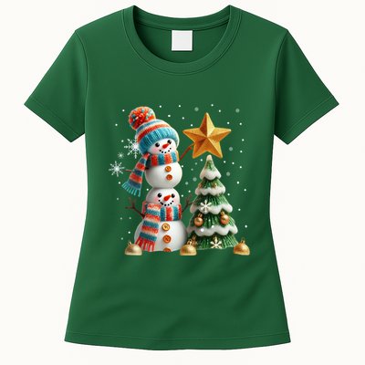 Funny Snowmen Putting Up Christmas Tree Womens T-Shirt