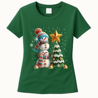 Funny Snowmen Putting Up Christmas Tree Womens T-Shirt