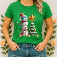 Funny Snowmen Putting Up Christmas Tree Womens T-Shirt