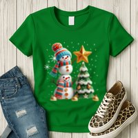 Funny Snowmen Putting Up Christmas Tree Womens T-Shirt