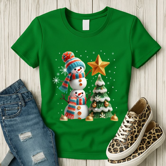 Funny Snowmen Putting Up Christmas Tree Womens T-Shirt