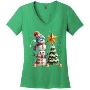 Funny Snowmen Putting Up Christmas Tree Women's V-Neck T-Shirt