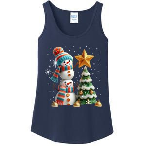 Funny Snowmen Putting Up Christmas Tree Ladies Essential Tank