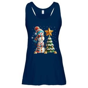 Funny Snowmen Putting Up Christmas Tree Ladies Essential Flowy Tank