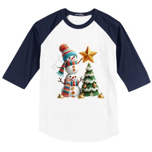 Funny Snowmen Putting Up Christmas Tree Baseball Sleeve Shirt