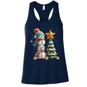 Funny Snowmen Putting Up Christmas Tree Women's Racerback Tank