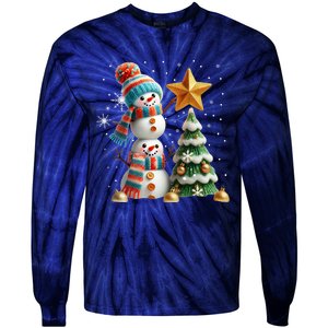 Funny Snowmen Putting Up Christmas Tree Tie-Dye Long Sleeve Shirt