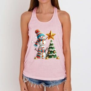 Funny Snowmen Putting Up Christmas Tree Women's Knotted Racerback Tank