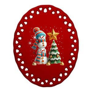 Funny Snowmen Putting Up Christmas Tree Ceramic Oval Ornament