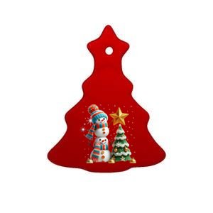 Funny Snowmen Putting Up Christmas Tree Ceramic Tree Ornament