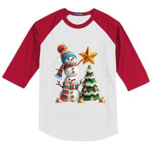 Funny Snowmen Putting Up Christmas Tree Kids Colorblock Raglan Jersey