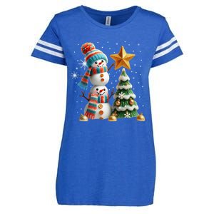 Funny Snowmen Putting Up Christmas Tree Enza Ladies Jersey Football T-Shirt