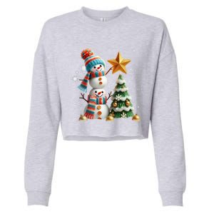 Funny Snowmen Putting Up Christmas Tree Cropped Pullover Crew