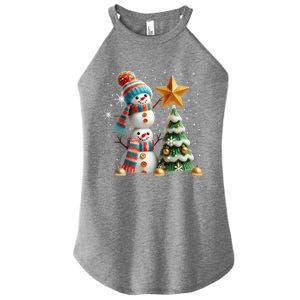 Funny Snowmen Putting Up Christmas Tree Women's Perfect Tri Rocker Tank