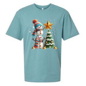 Funny Snowmen Putting Up Christmas Tree Sueded Cloud Jersey T-Shirt