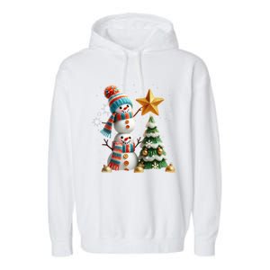 Funny Snowmen Putting Up Christmas Tree Garment-Dyed Fleece Hoodie