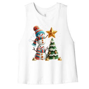 Funny Snowmen Putting Up Christmas Tree Women's Racerback Cropped Tank