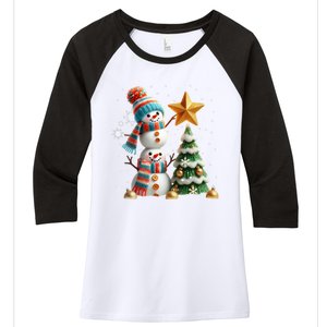 Funny Snowmen Putting Up Christmas Tree Women's Tri-Blend 3/4-Sleeve Raglan Shirt