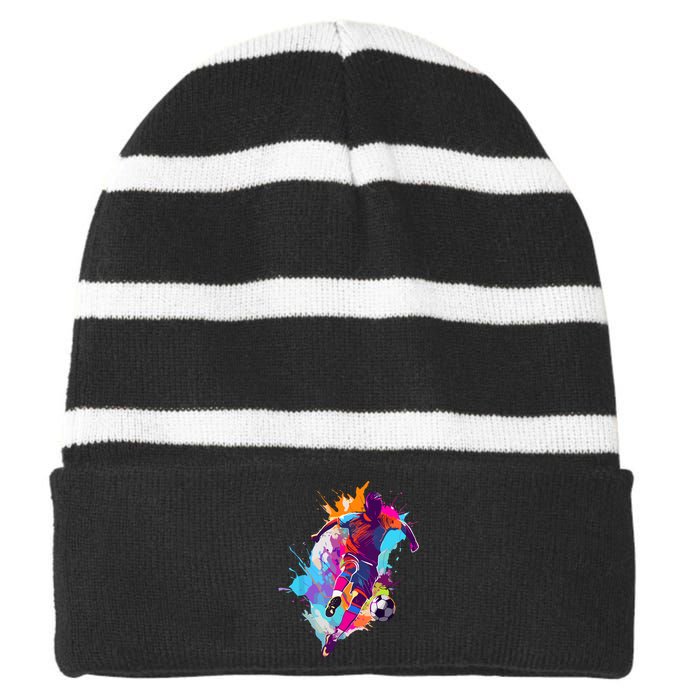 Funny Soccer Player Paint Splash Gift Striped Beanie with Solid Band