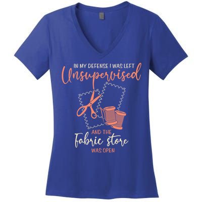 Funny Sewing Quilting Gift Left Unsupervised Gift Women's V-Neck T-Shirt