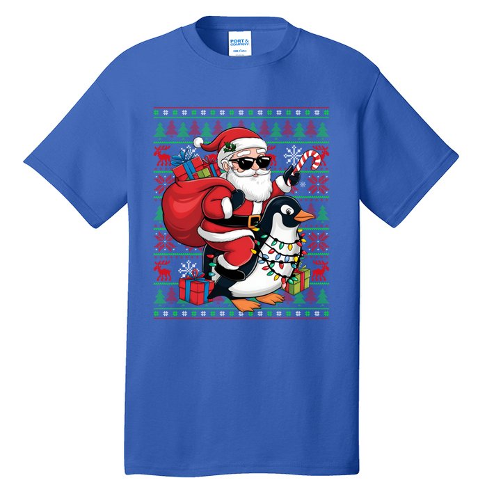 Funny Santa Riding Penguin Bird Christmas Ugly Xmas Lights Tall T-Shirt