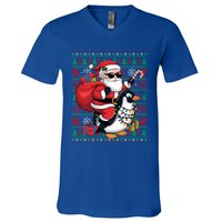 Funny Santa Riding Penguin Bird Christmas Ugly Xmas Lights V-Neck T-Shirt