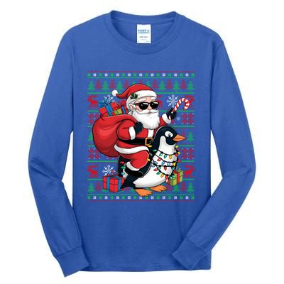 Funny Santa Riding Penguin Bird Christmas Ugly Xmas Lights Tall Long Sleeve T-Shirt