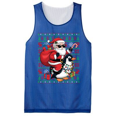 Funny Santa Riding Penguin Bird Christmas Ugly Xmas Lights Mesh Reversible Basketball Jersey Tank