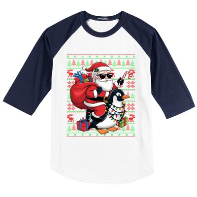 Funny Santa Riding Penguin Bird Christmas Ugly Xmas Lights Baseball Sleeve Shirt