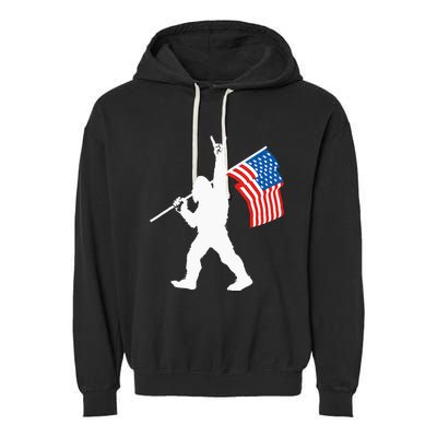 Funny Sasquatch Rock And Roll USA Flag For Bigfoot Believers Garment-Dyed Fleece Hoodie