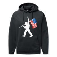 Funny Sasquatch Rock And Roll USA Flag For Bigfoot Believers Performance Fleece Hoodie