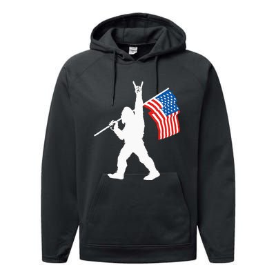 Funny Sasquatch Rock And Roll USA Flag For Bigfoot Believers Performance Fleece Hoodie