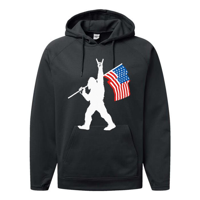 Funny Sasquatch Rock And Roll USA Flag For Bigfoot Believers Performance Fleece Hoodie