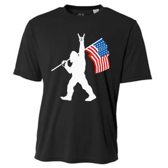 Funny Sasquatch Rock And Roll USA Flag For Bigfoot Believers Cooling Performance Crew T-Shirt